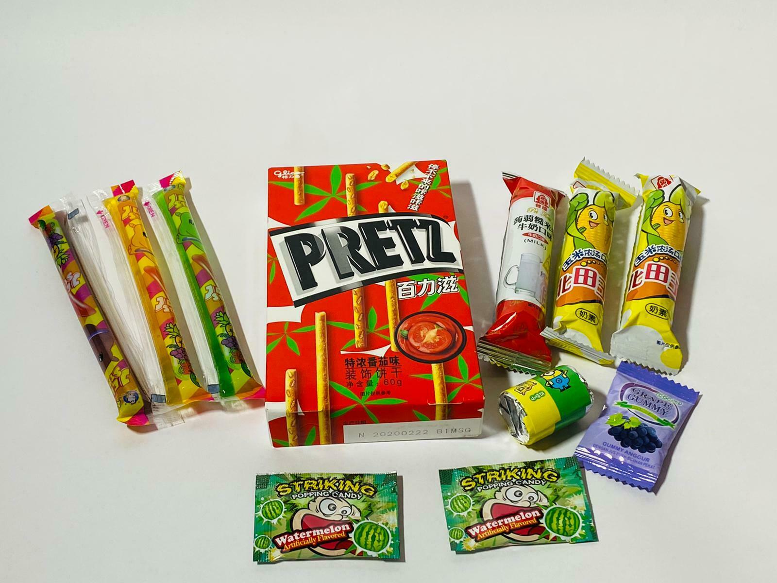 Asian Snack Box Mix Sweets Chocolate Jellies Crispy! Chopsticks, Cards & Extras! - Image 3