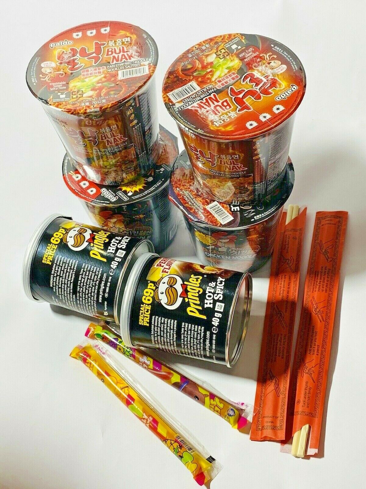 Spicy Noodle 10pc HOT CHALLENGE! Hot Pringles! Cool Jelly Straws & Chopsticks 🔥
